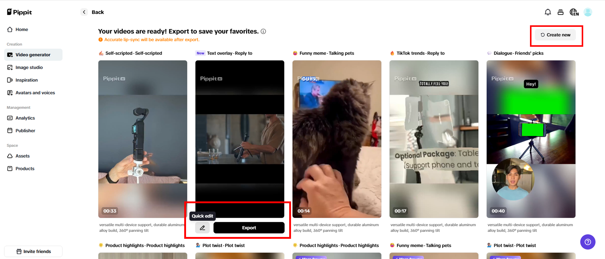 Selecione o seu vídeo gerado preferido