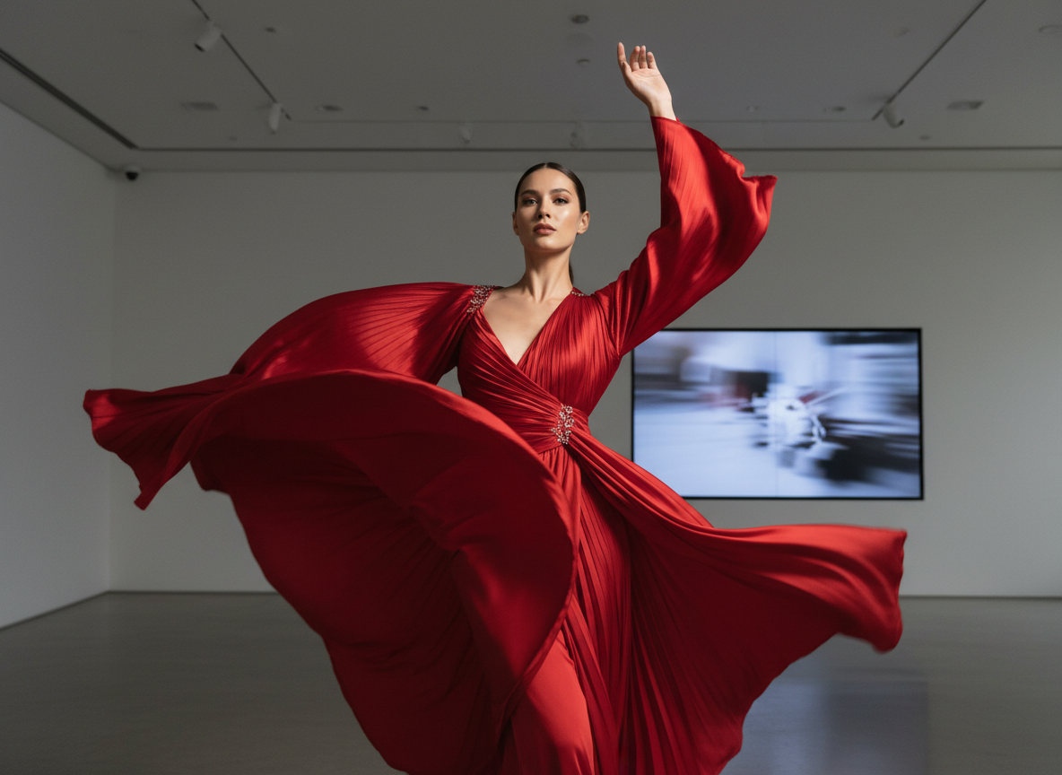 Ritratto in movimento di alta moda con illuminazione editoriale e sottile look portatile.