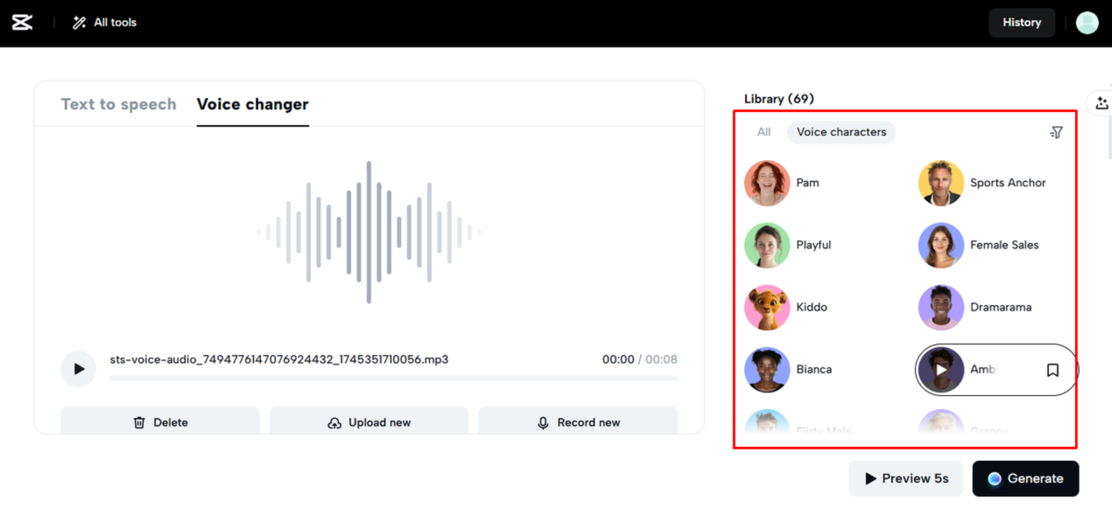 A vast library of voice effects in CapCut Web