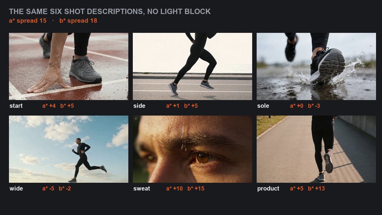 The same six shot descriptions without the light block: a blue-sky wide shot, a warm golden macro of an eye, a bright overexposed side view and a grey sole shot, visibly mismatched.