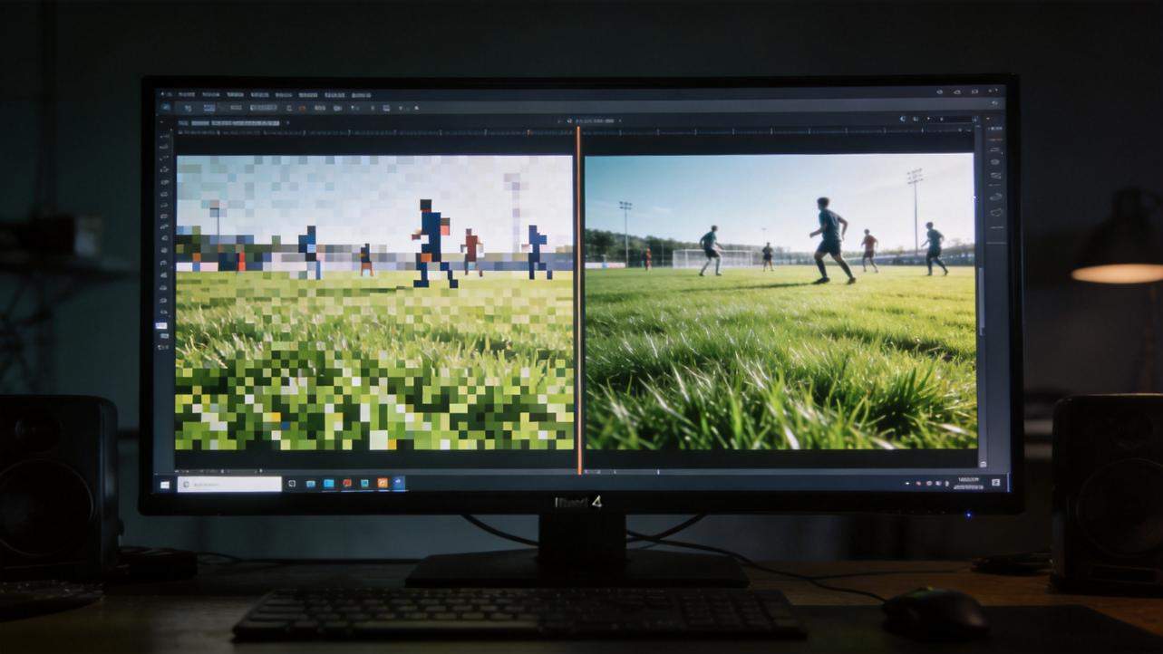CapCut editing screen showing a pixelated soccer clip beside a clearer version
