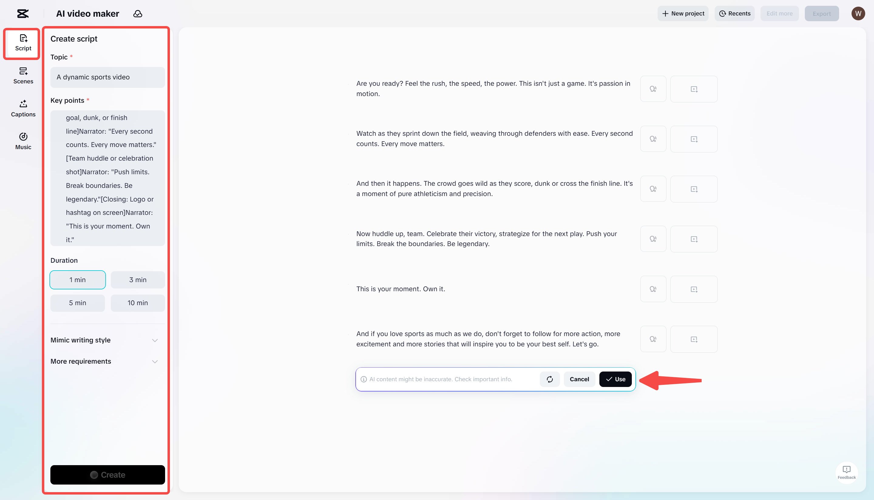 Generating script in CapCut's AI video maker