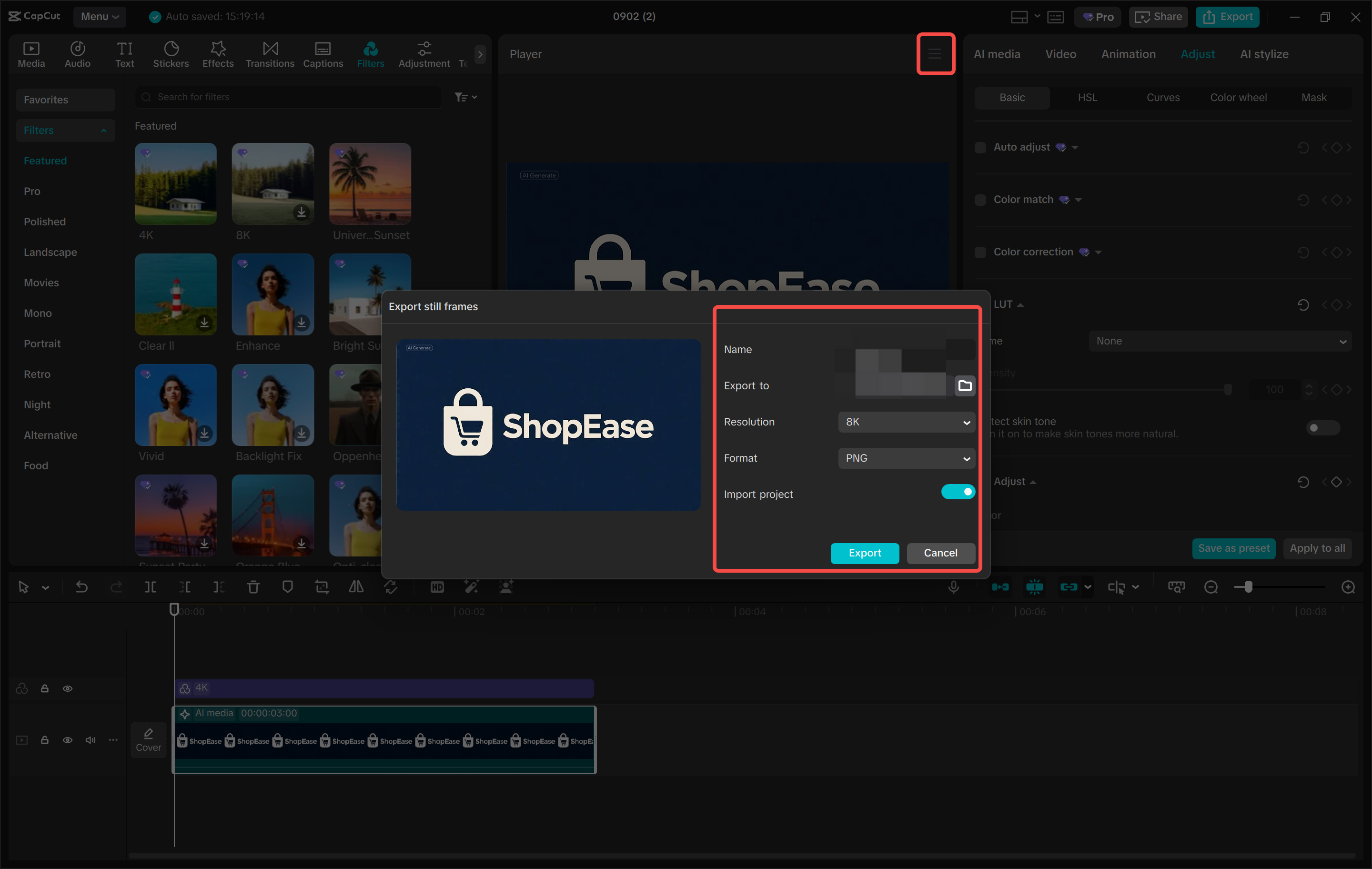 Exporting the logo from the CapCut desktop video editor