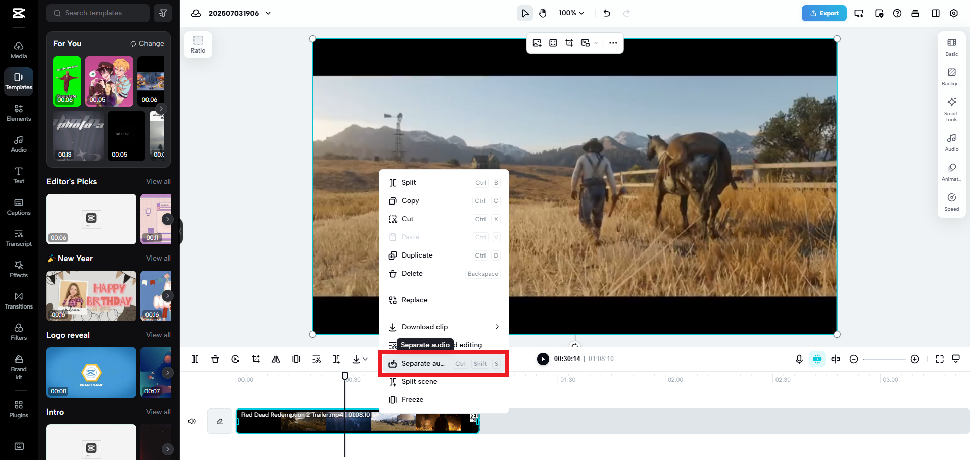 Click on the separate audio option