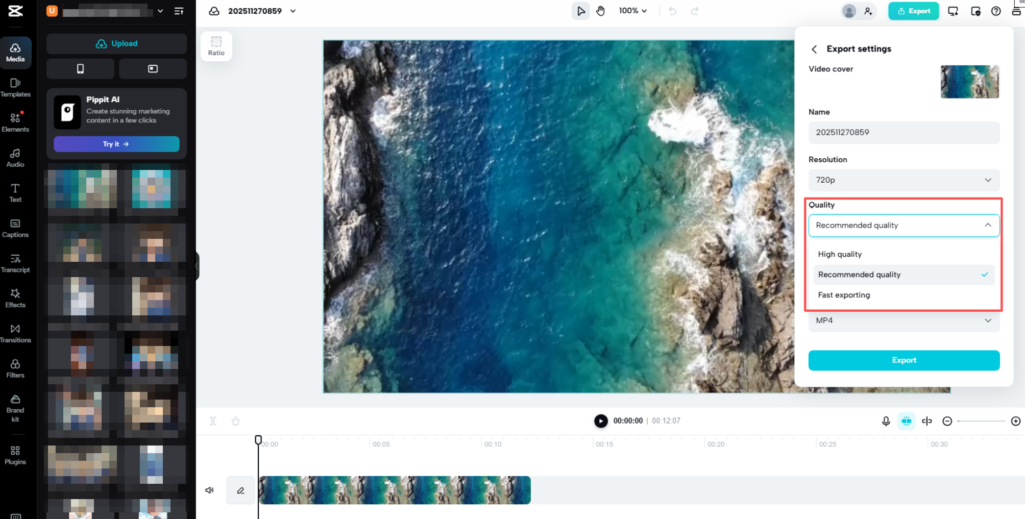 Export quality settings for CapCut web version
