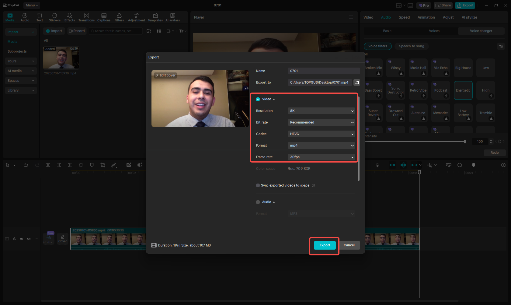 Export the voice-changed voice