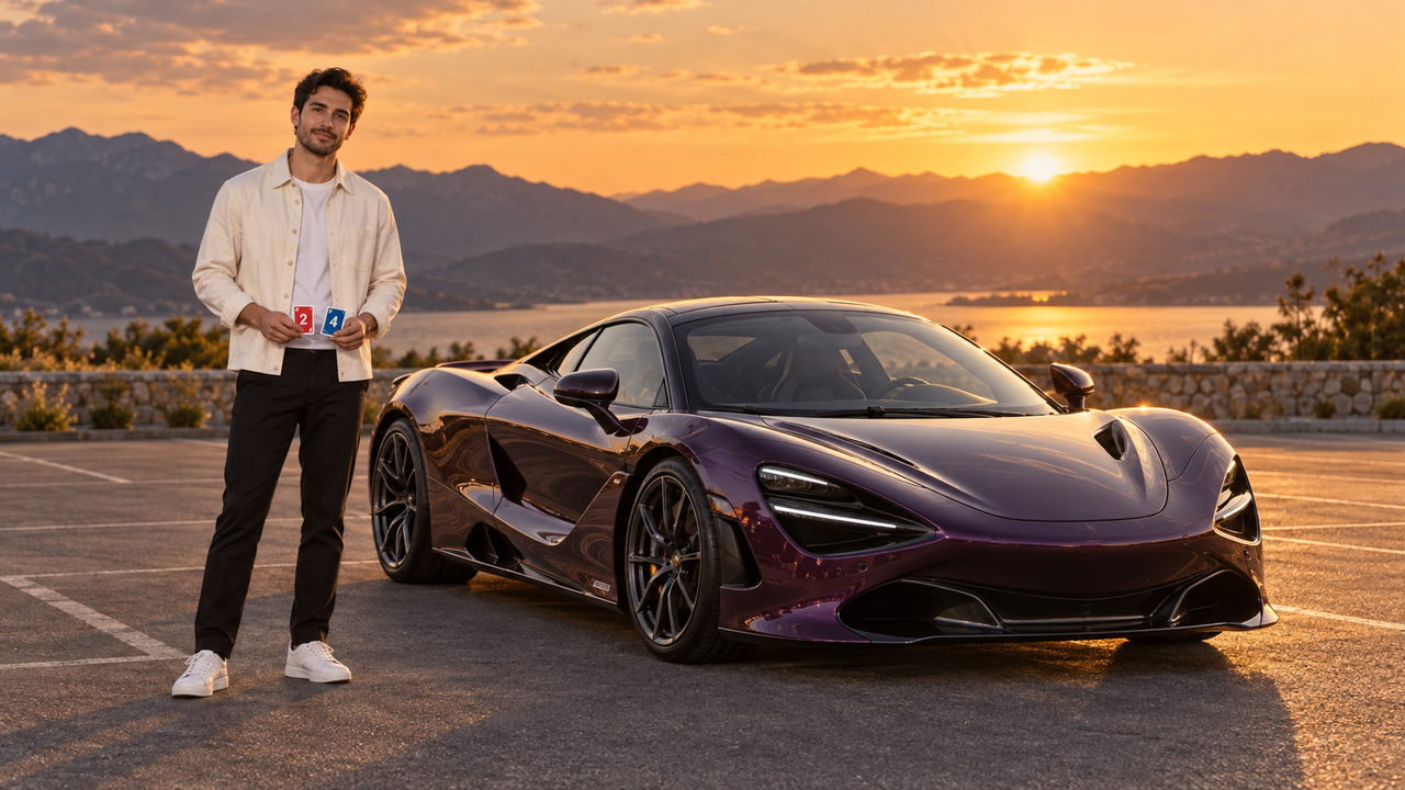 Illustrative UNO 24 car trend keyframe: a golden-hour supercar reveal
