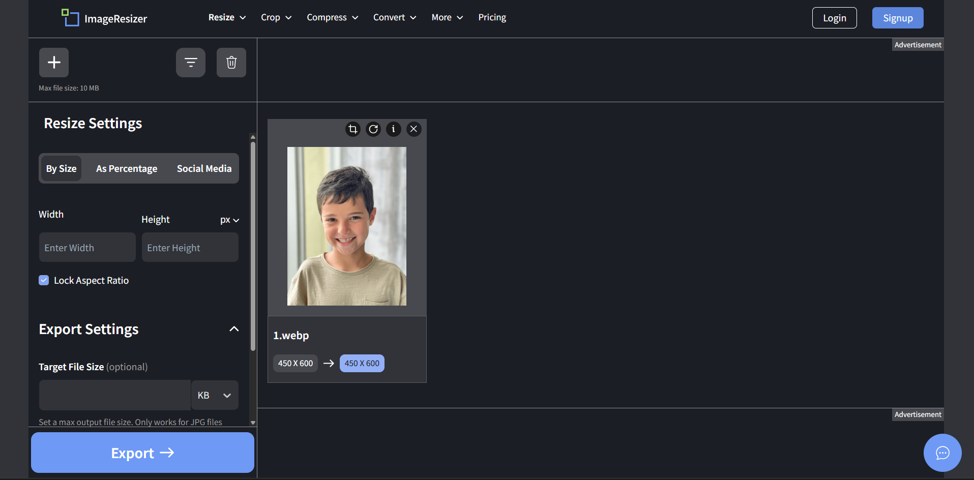 Interface of Image Resizer - ein kostenloser Online-Editor für Fotogrößen