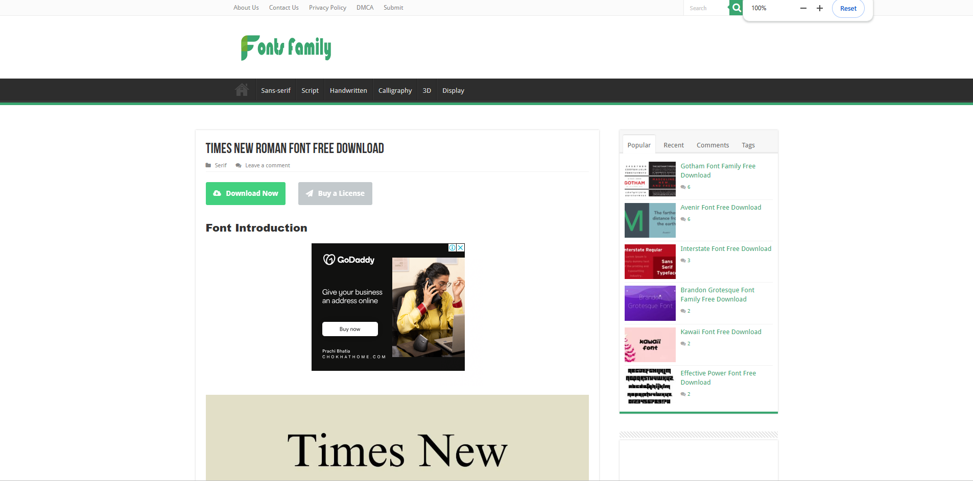 Interface of Free Fonts Family - a valuable resource to download Times New Roman font