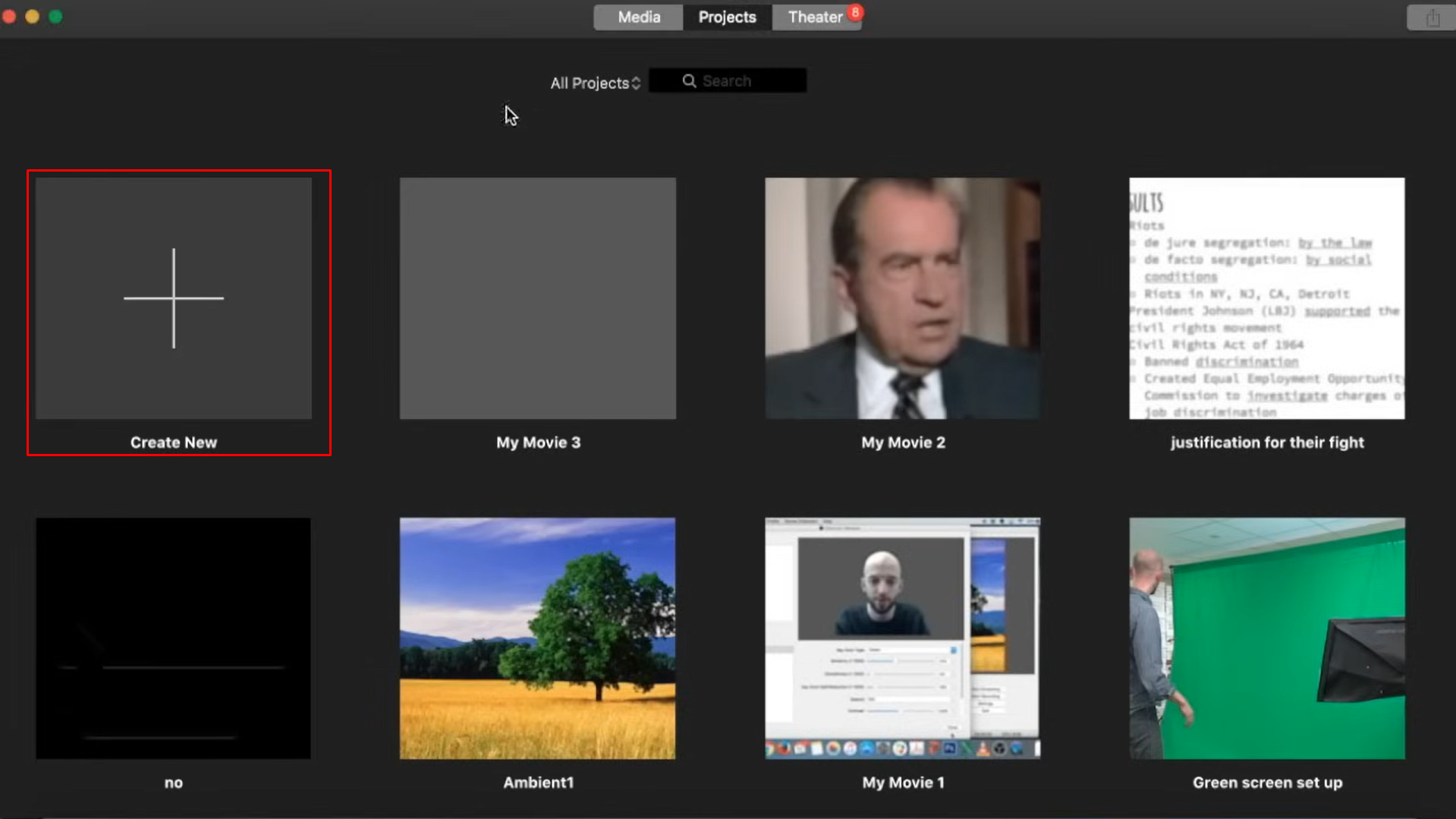 Створення нового проекту в відеоредакторі iMovie