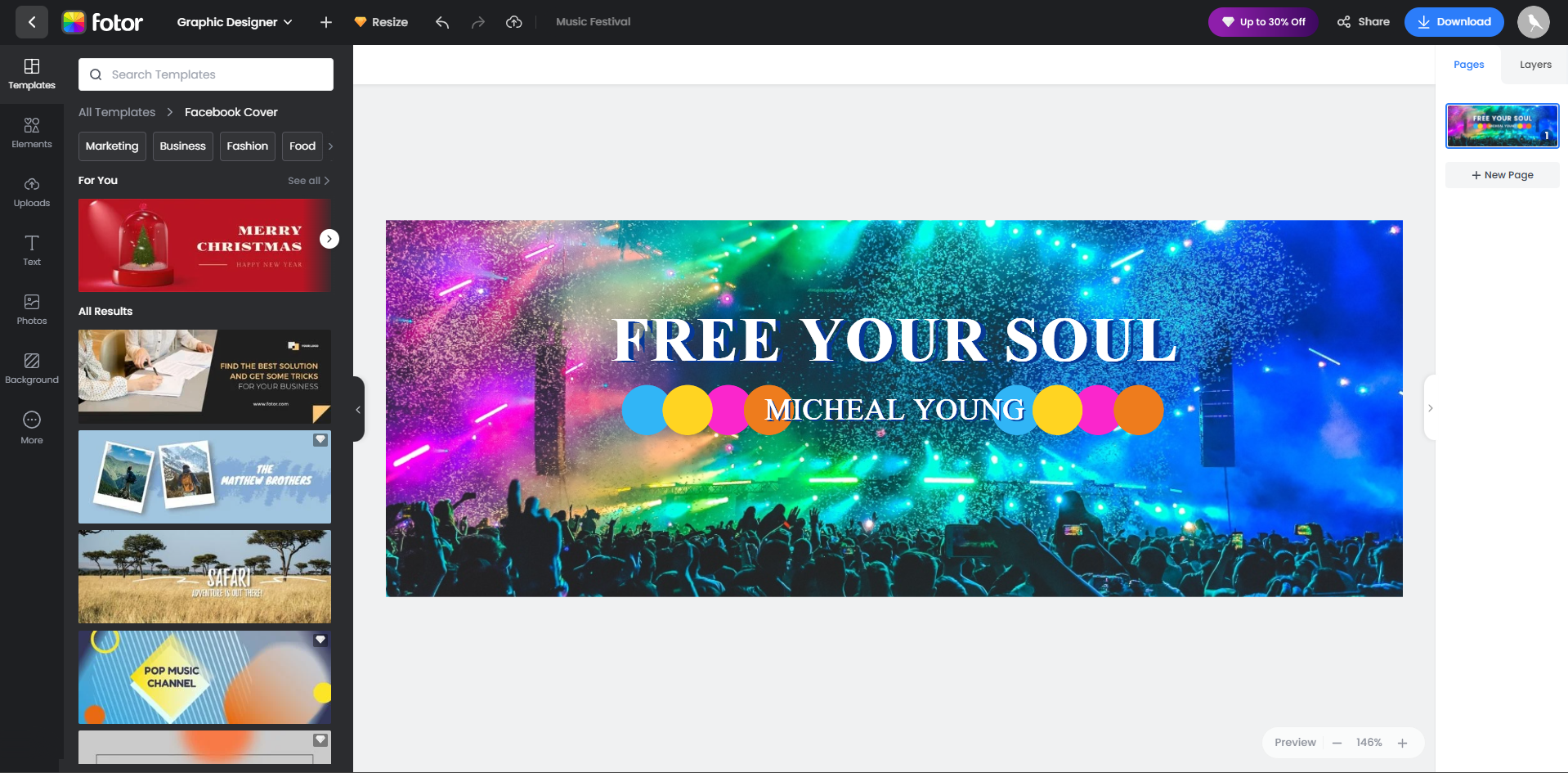 Interface of Fotor - a tool to customize Facebook cover image template