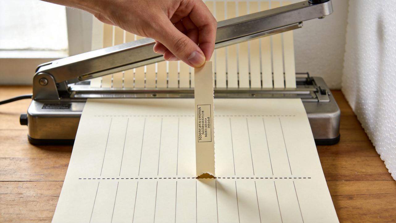 Hand pulling a tear-off tab from a flyer sheet in a paper cutter