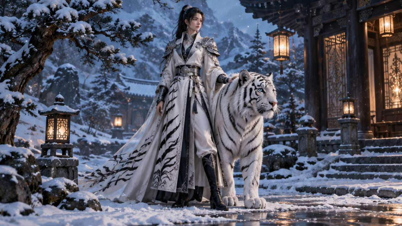 กรอบกุญแจแฟนตาซีภาพประกอบระดับพรีเมียม 16:9 ของผู้หญิงผู้ใหญ่ดั้งเดิมในชุดเกราะผู้พิทักษ์งาช้างฮิวแมนนอยด์พร้อมการแกะสลักลายเสือสีดำ แผ่นประกบ และแผงไหล่สีเงินข้างเสือขาวสงบ ลานซีดาร์หิมะในชั่วโมงสีน้ำเงิน โคมไฟอ่อน เงาเต็มตัวที่ชัดเจน และเวทมนตร์ที่สง่างาม