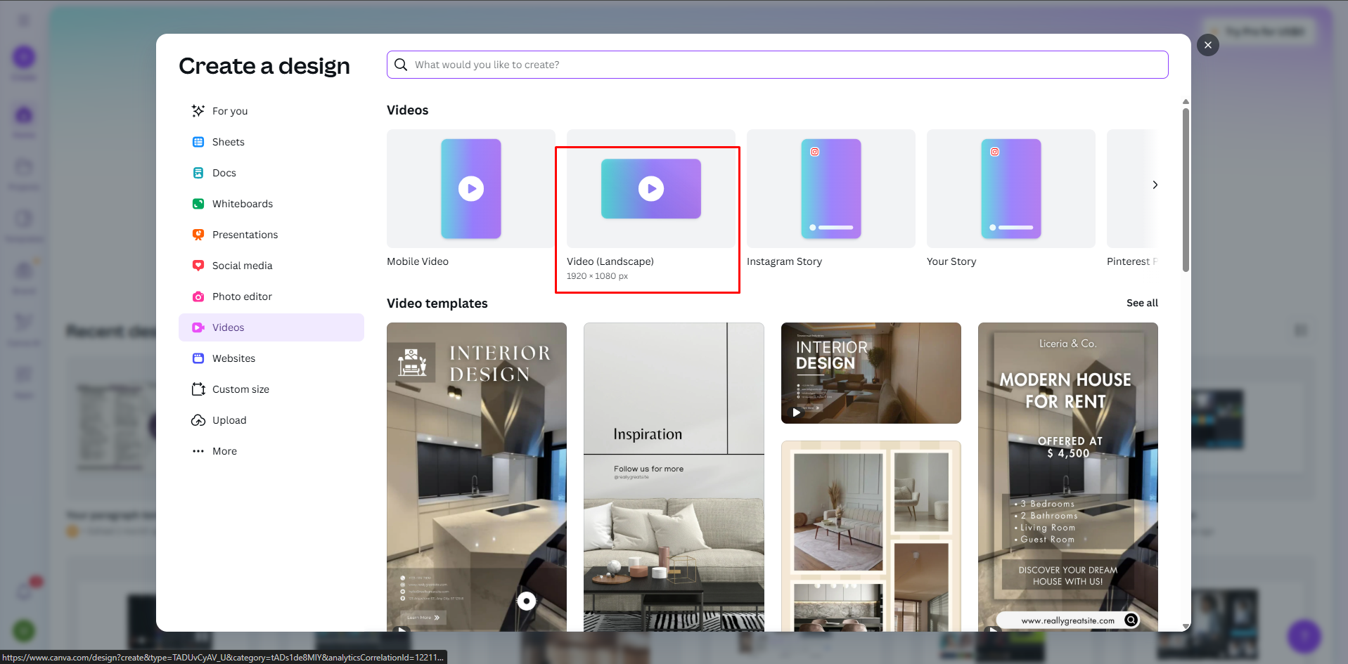 Choosing a video design in Canva