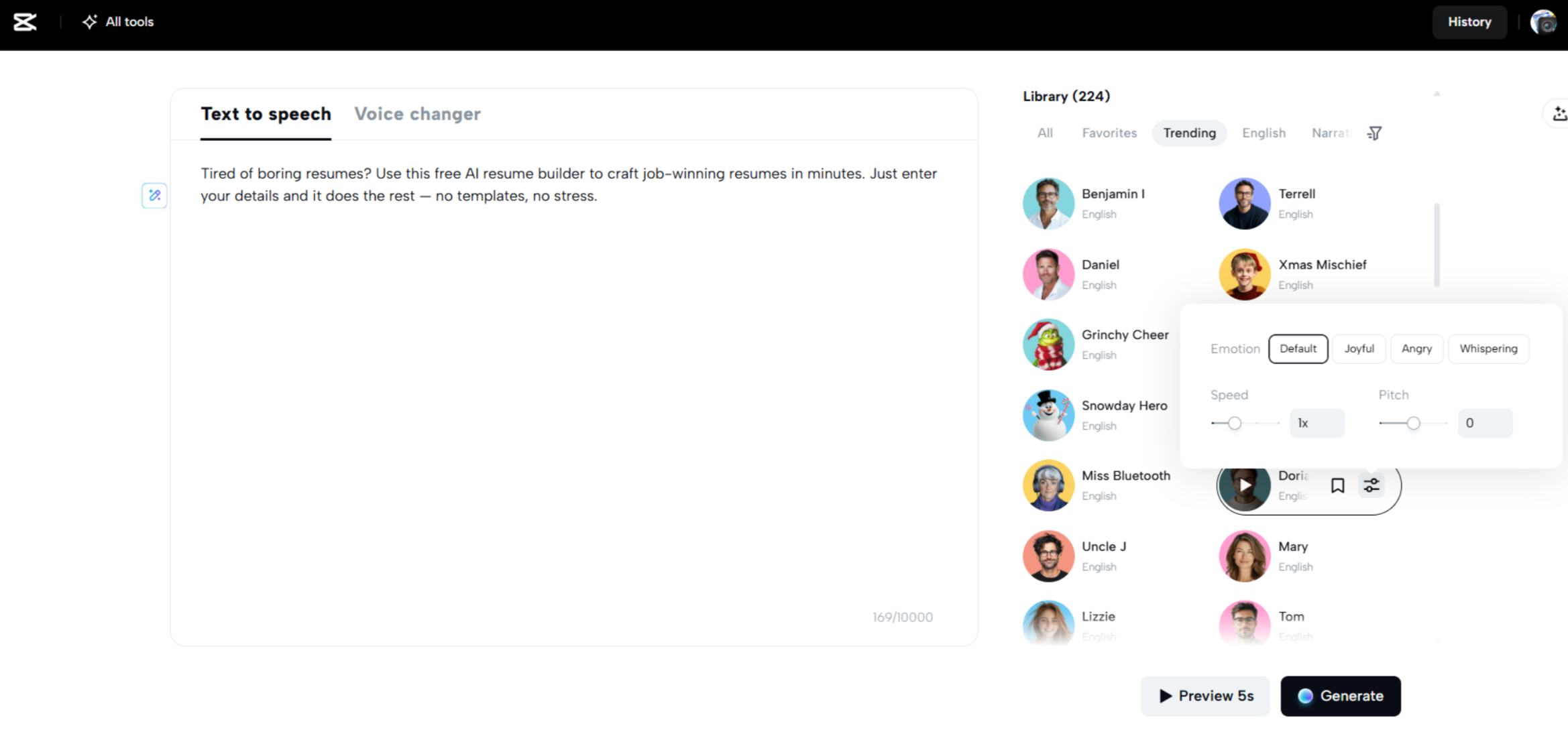 Interface of CapCut Web - a quick way to convert text to speech in videos