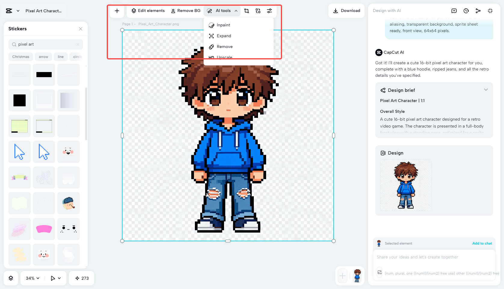 Editing and enhancing the pixel art character in CapCut