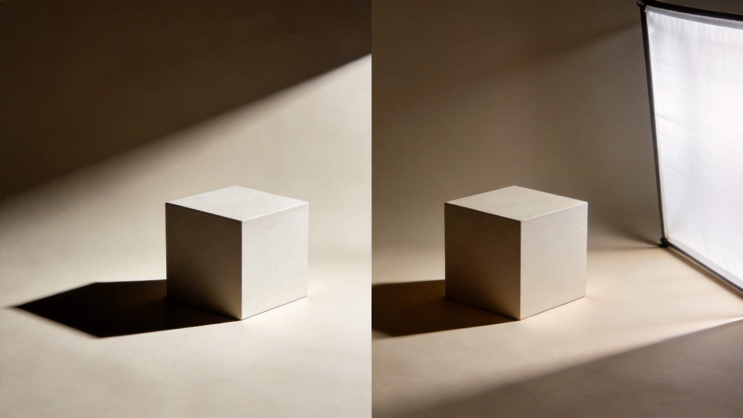 Split view of a cube lit by a single light, showing shadow and softbox setup
