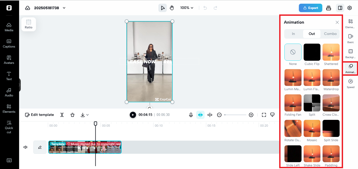 Transition effects in Pippit's video editor