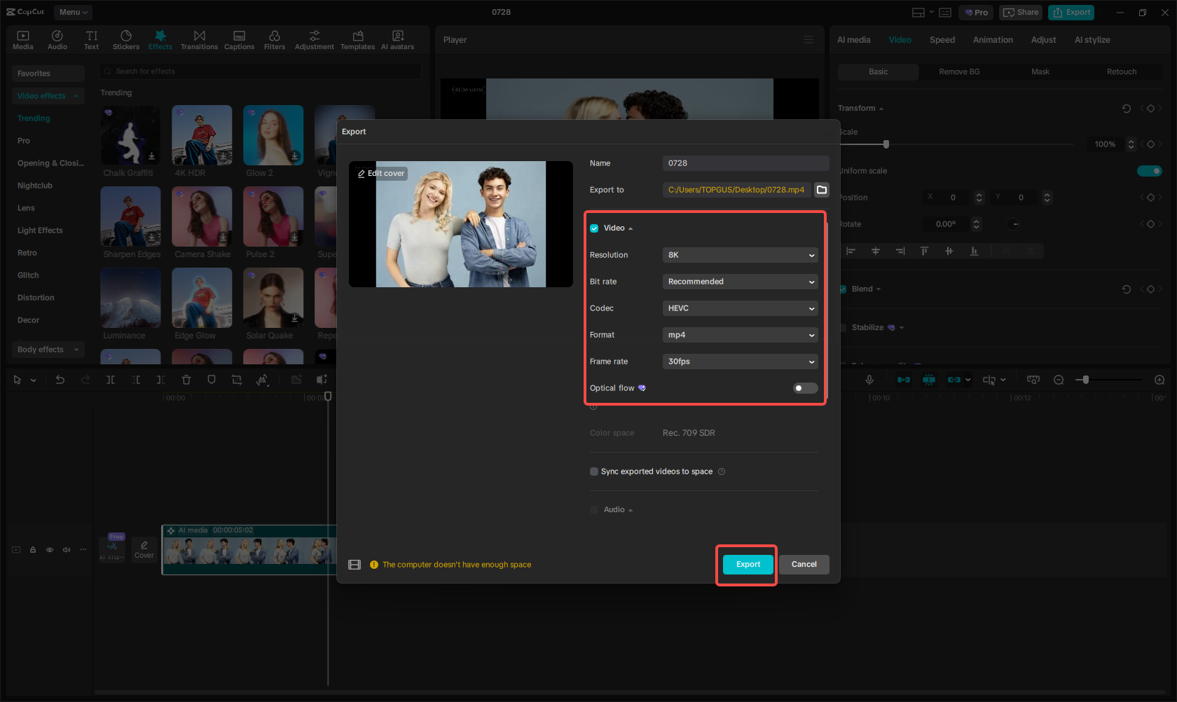 Exporting the video in CapCut