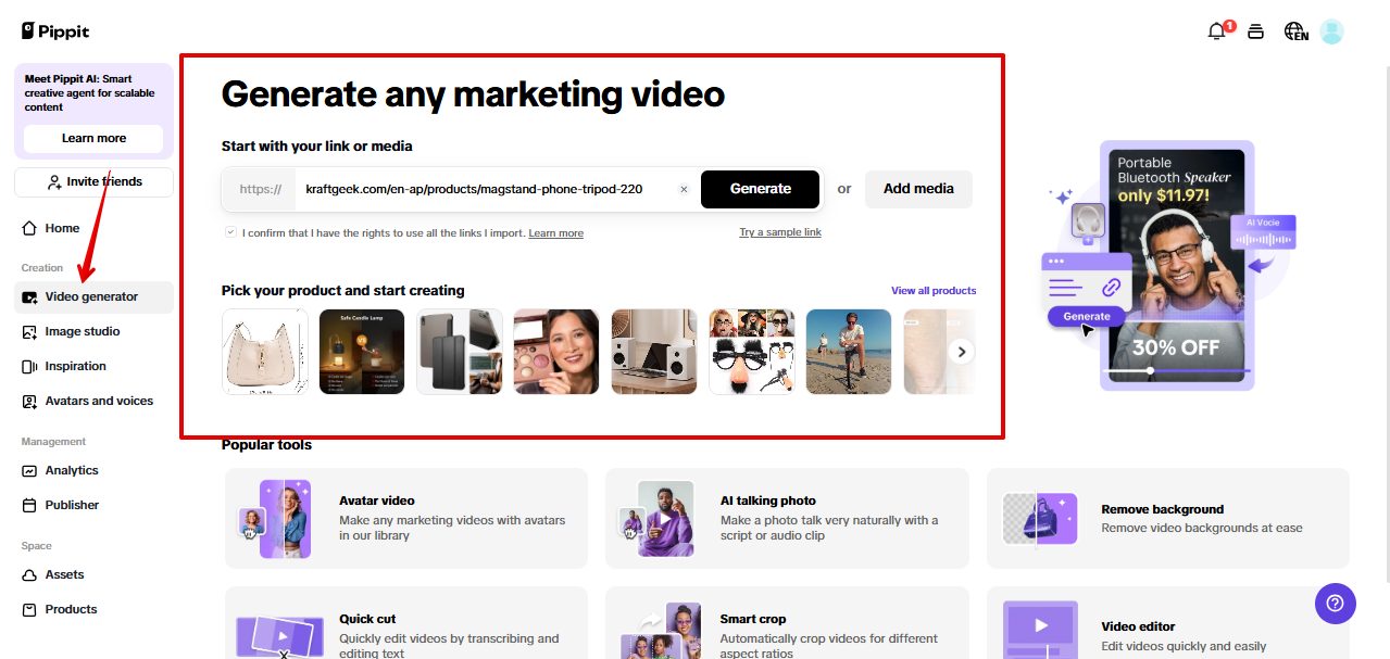 Providing product links to video generator in Pippit