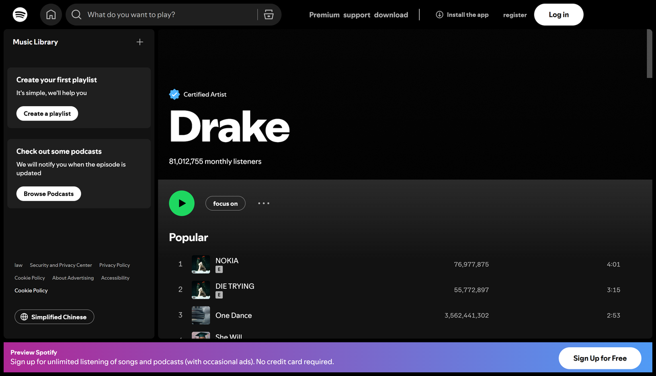 فنانو الأغنية الأكثر تشغيلًا على الإطلاق على Spotify: Drake