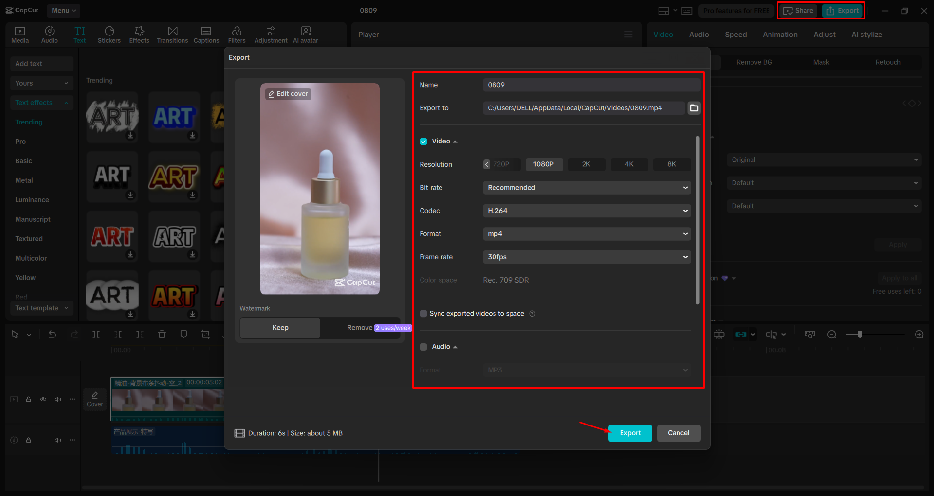 Exporting a video ad from the CapCut desktop video editor