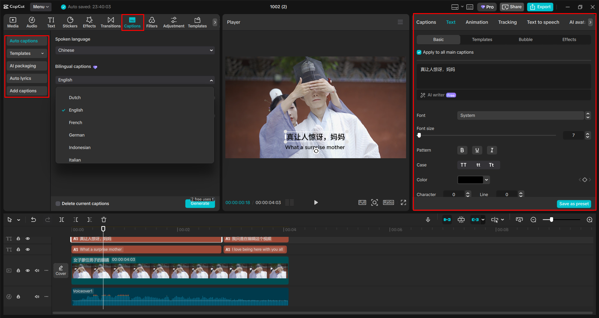 Translating captions in a video with the CapCut desktop video editor