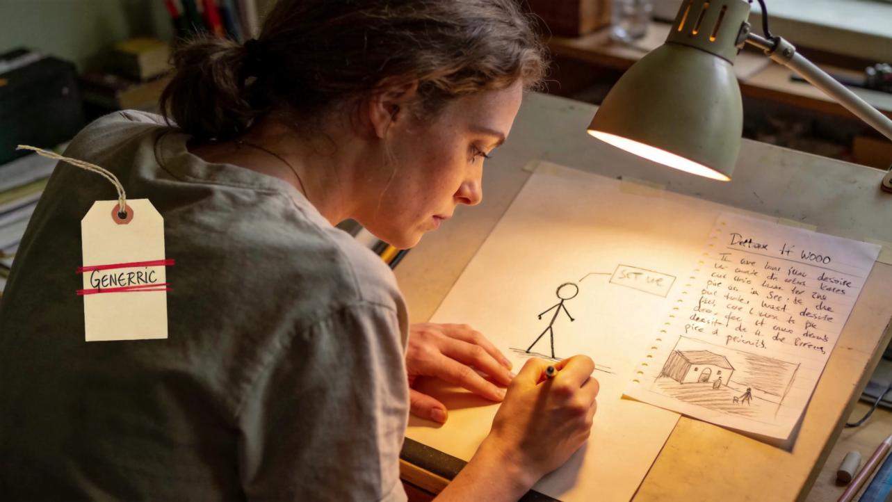Woman sketching at a desk beside a hanging tag labeled generic