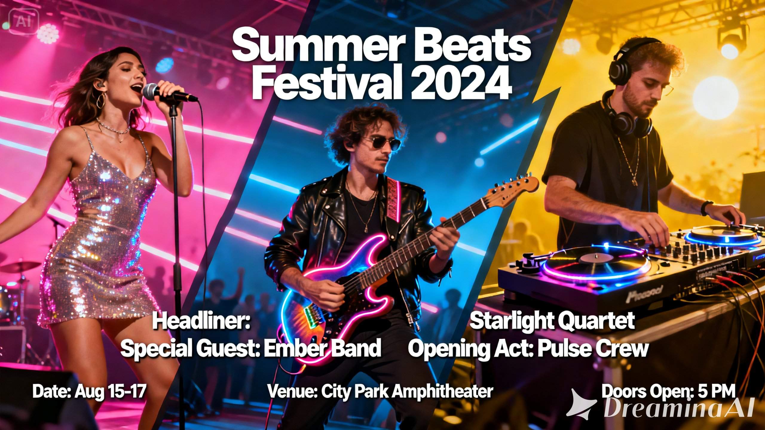 Festivals' concert posters with diverse artists, bright colours, and bold typography