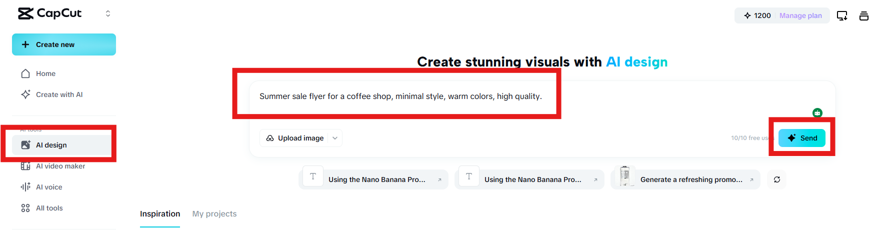 Entering a prompt for a summer sale flyer in CapCut AI Design tool