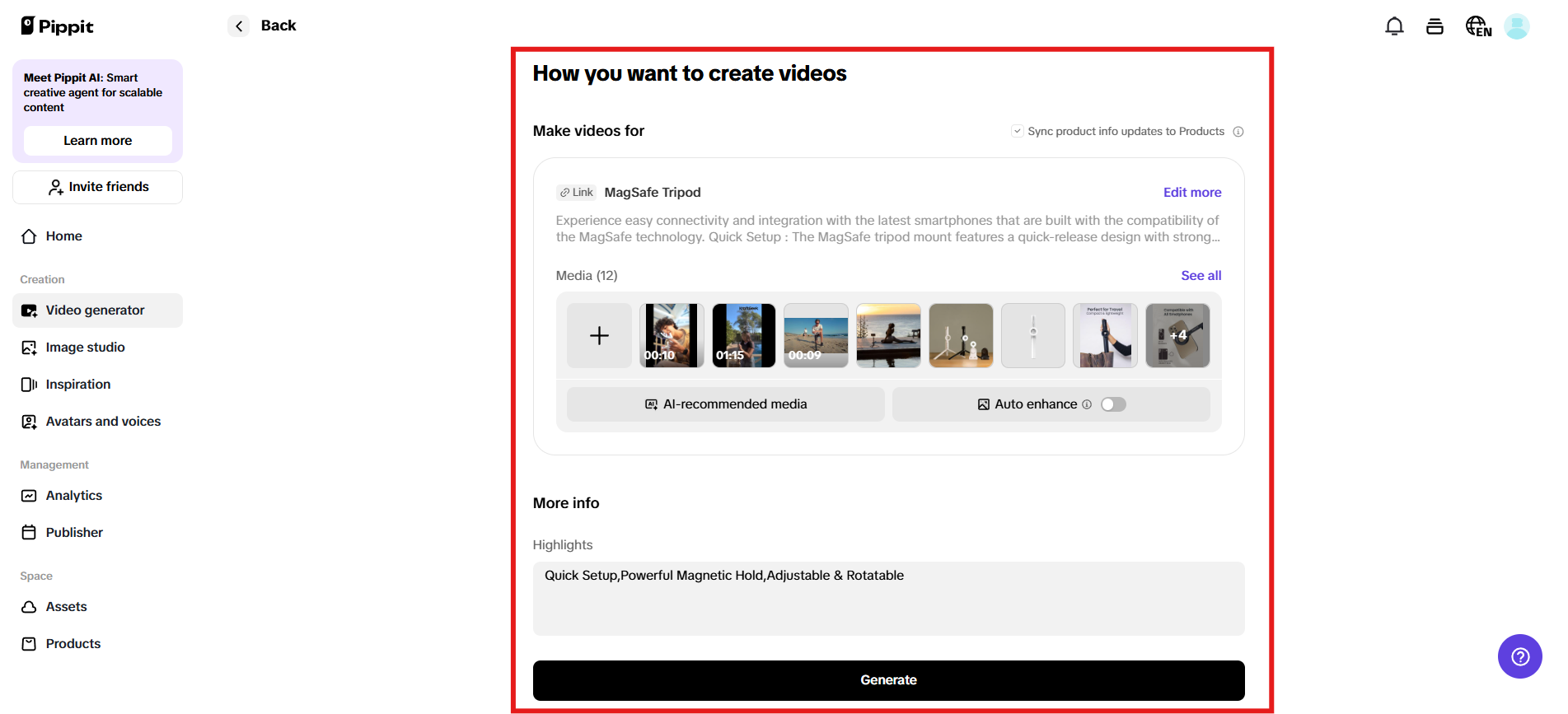 Generate videos for dropshipping