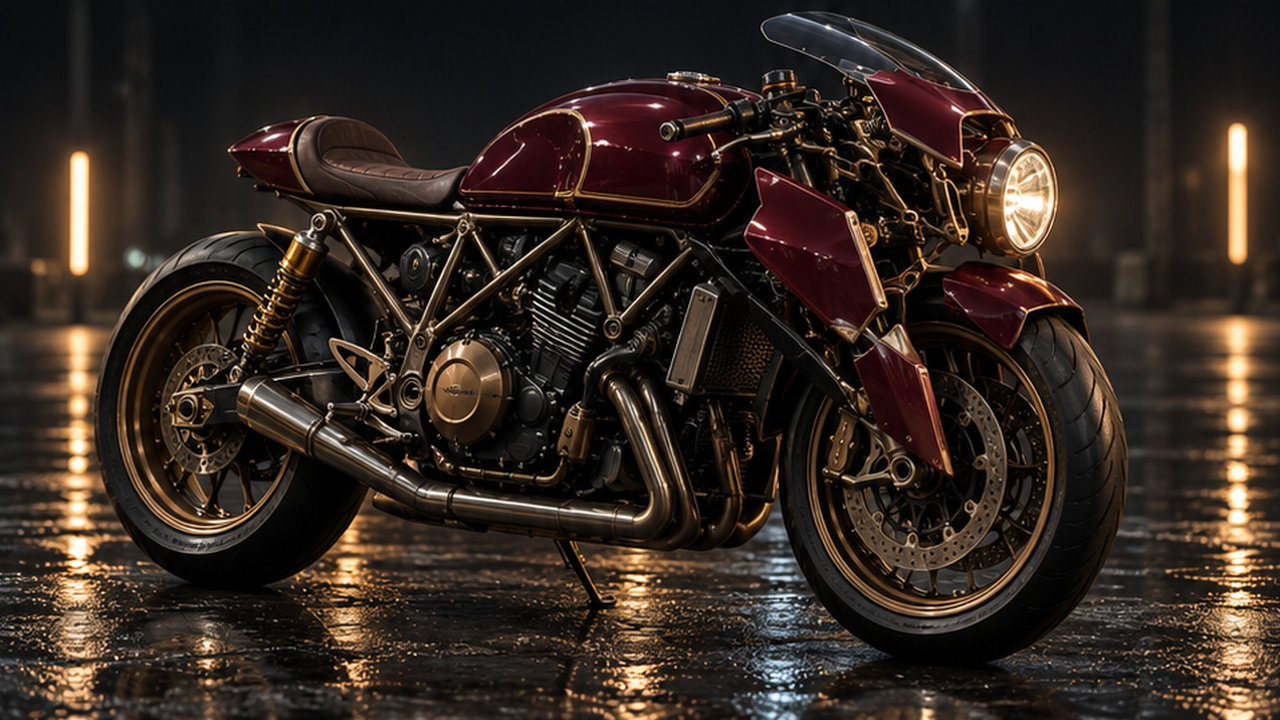 Exemplo ilustrativo IA de transformação de motocicleta: revelação de uma carenagem de estúdio noturno