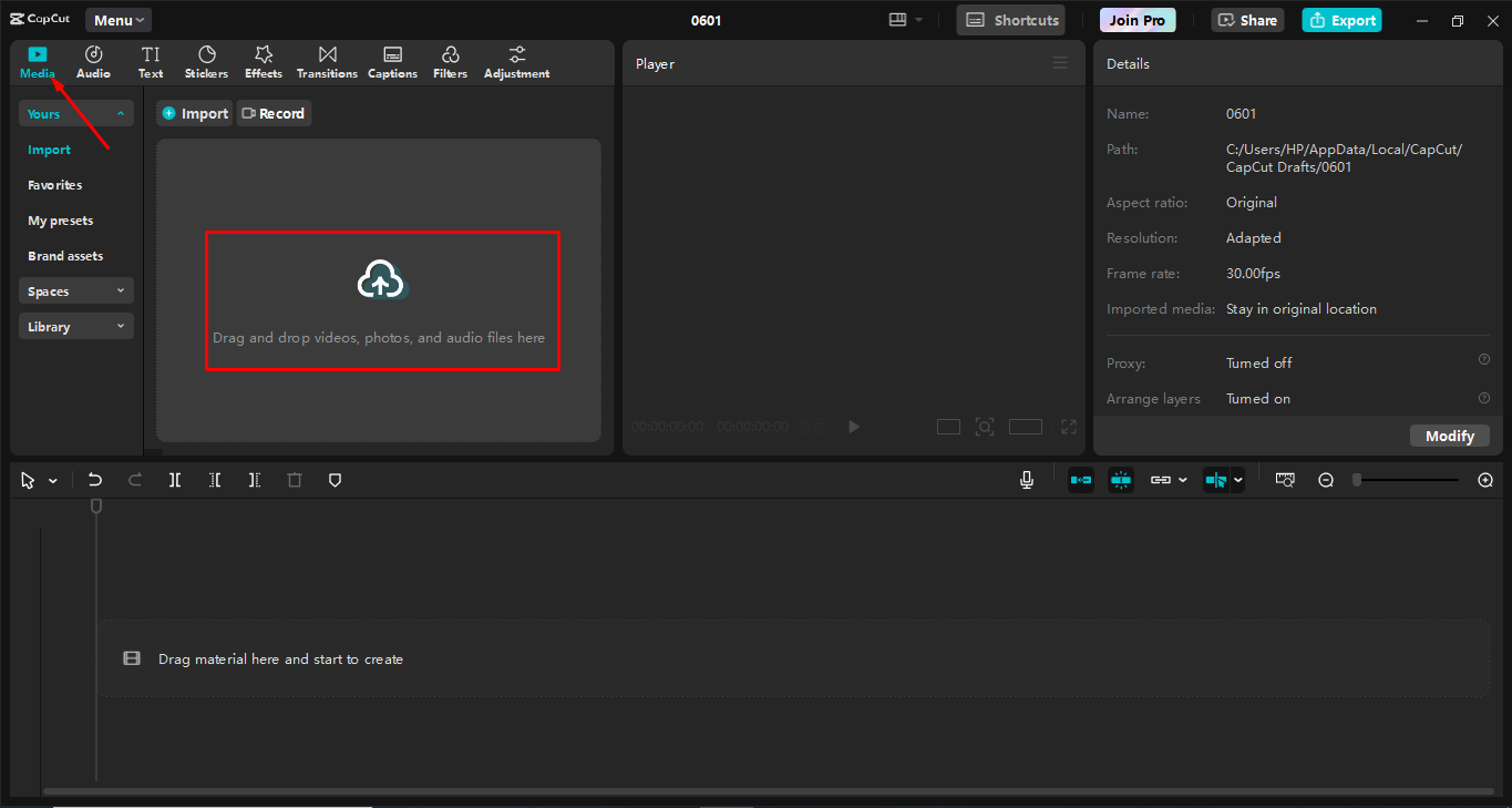 Impor foto ke editor video desktop CapCut