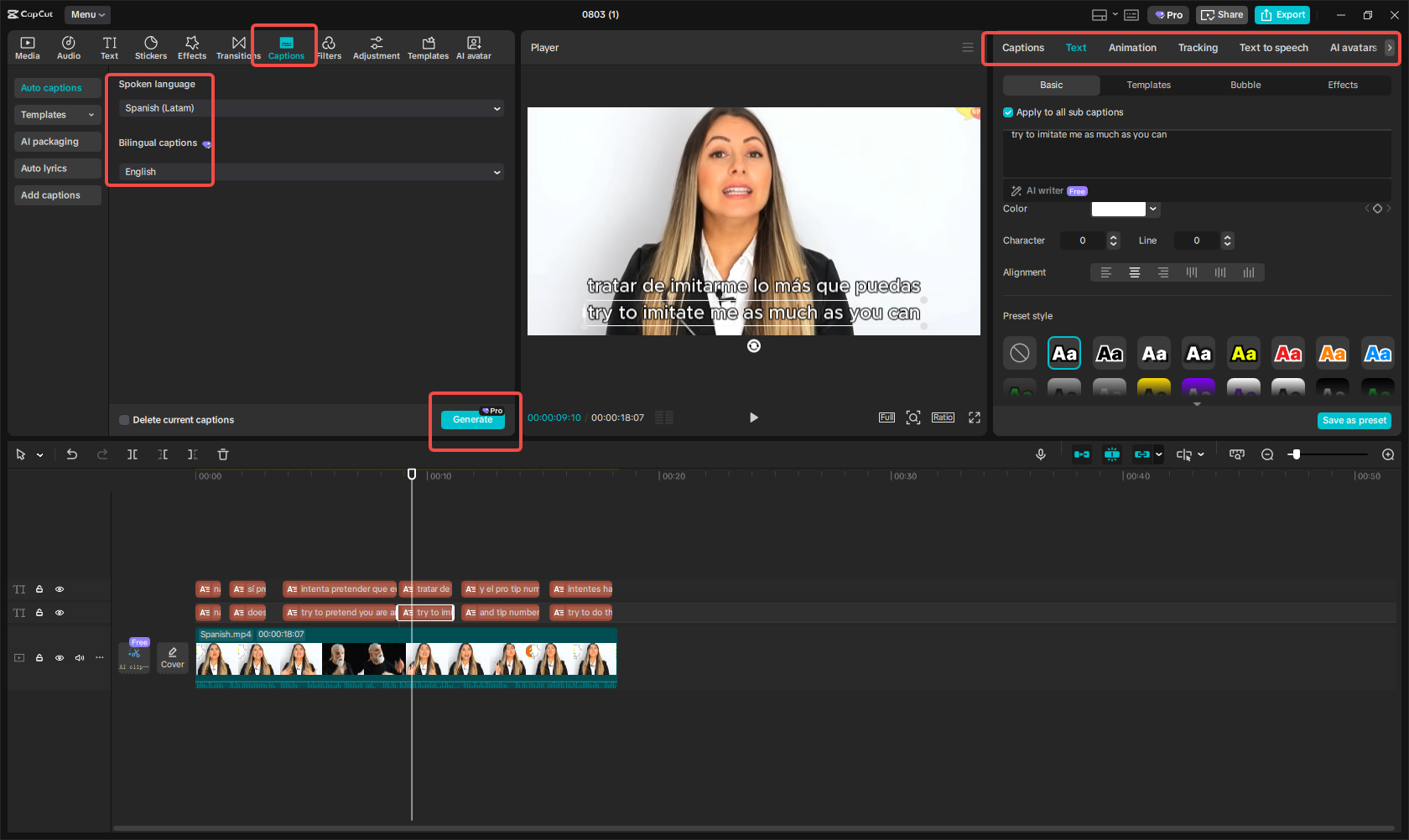 Translating Spanish to English in CapCut