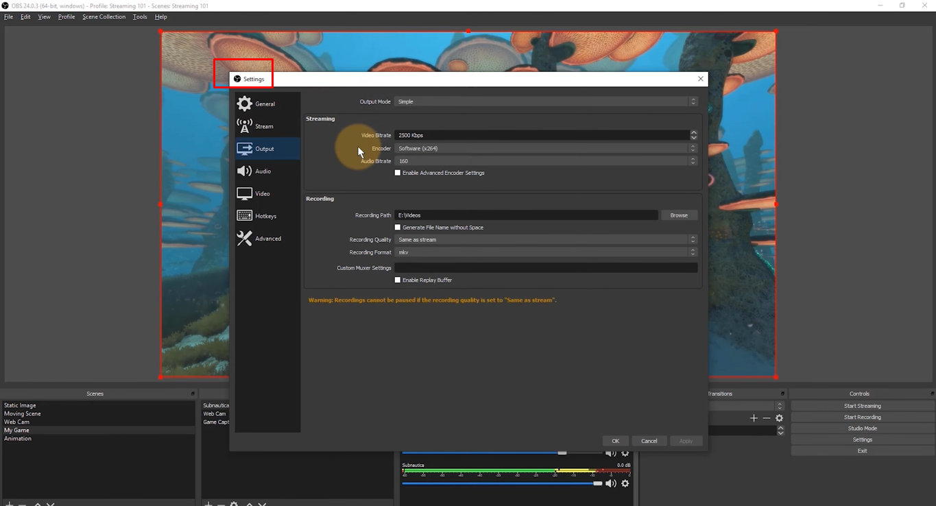 Accessing the setting in the OBS recording