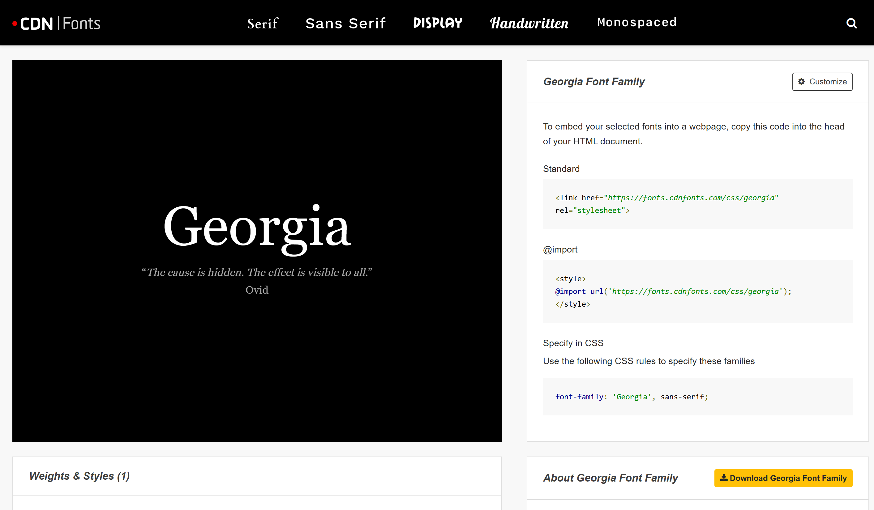 Interface of CDNFonts - a diverse tool to get the free Georgia font