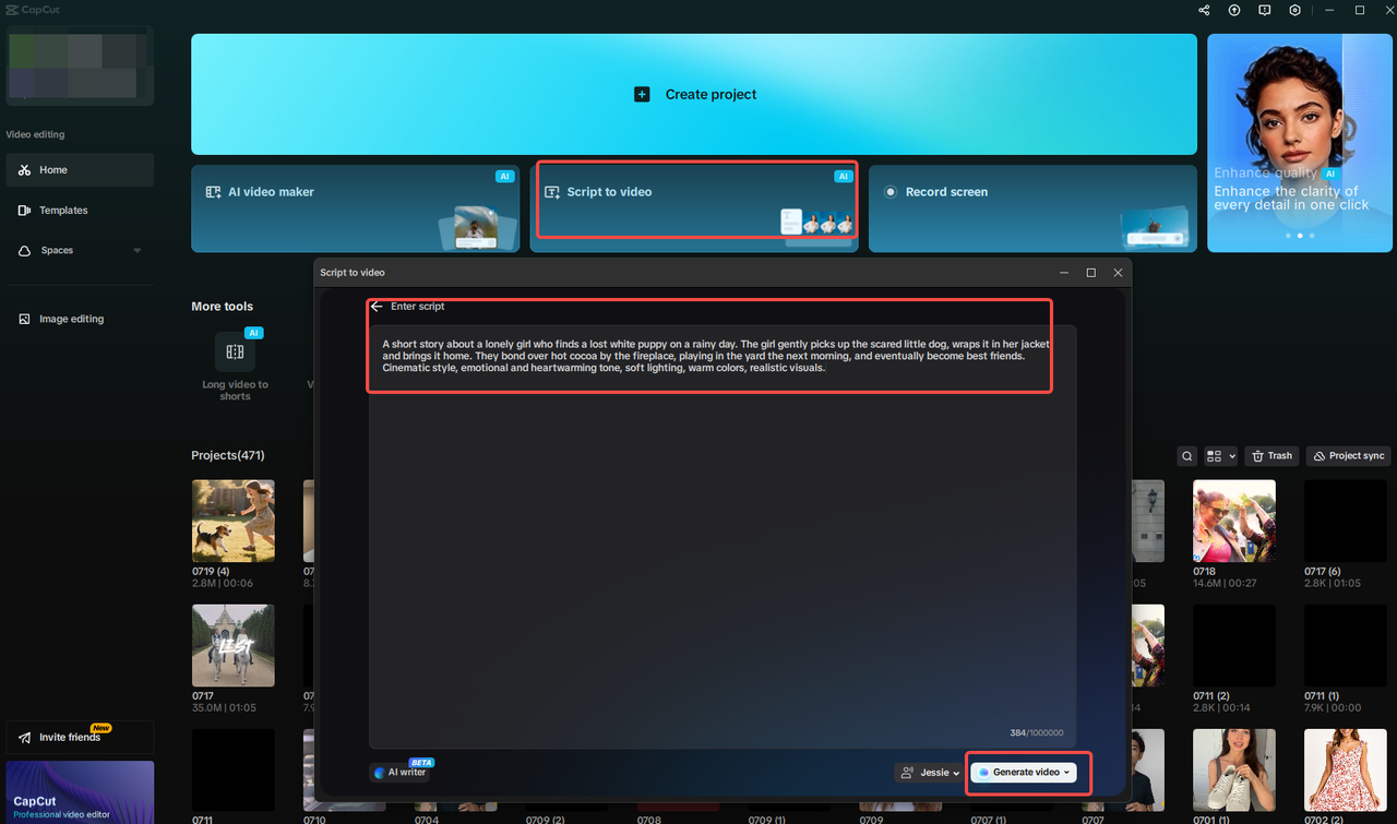 Write your prompt to the "Script to video" feature