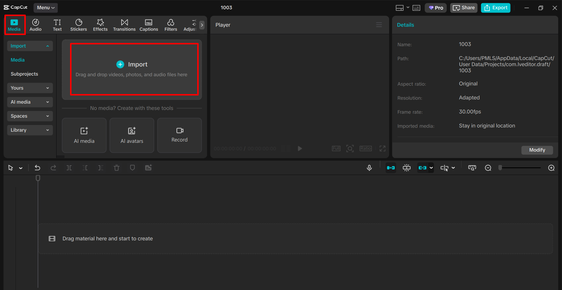 Importing the video into the CapCut desktop video editor