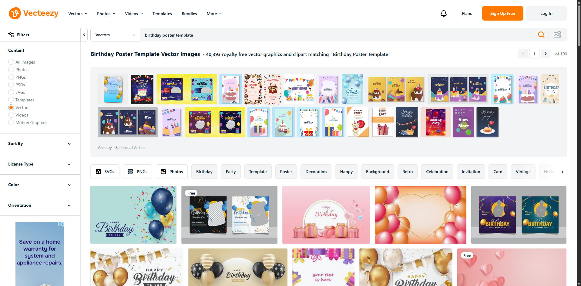 Interface of Vecteezy - a highly accessible source to find birthday poster templates