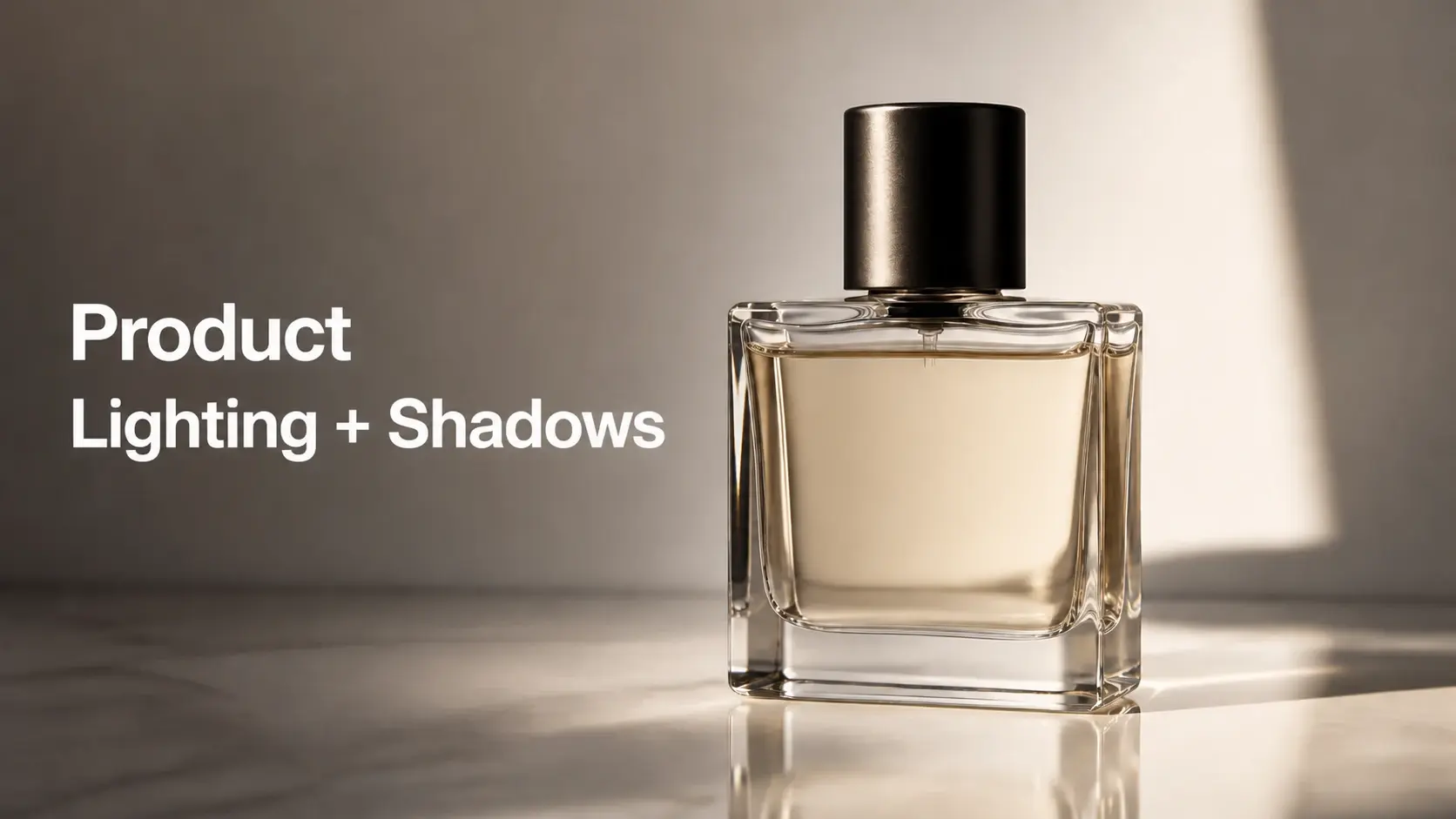 An unbranded clear bottle on a reflective surface under a soft side light.