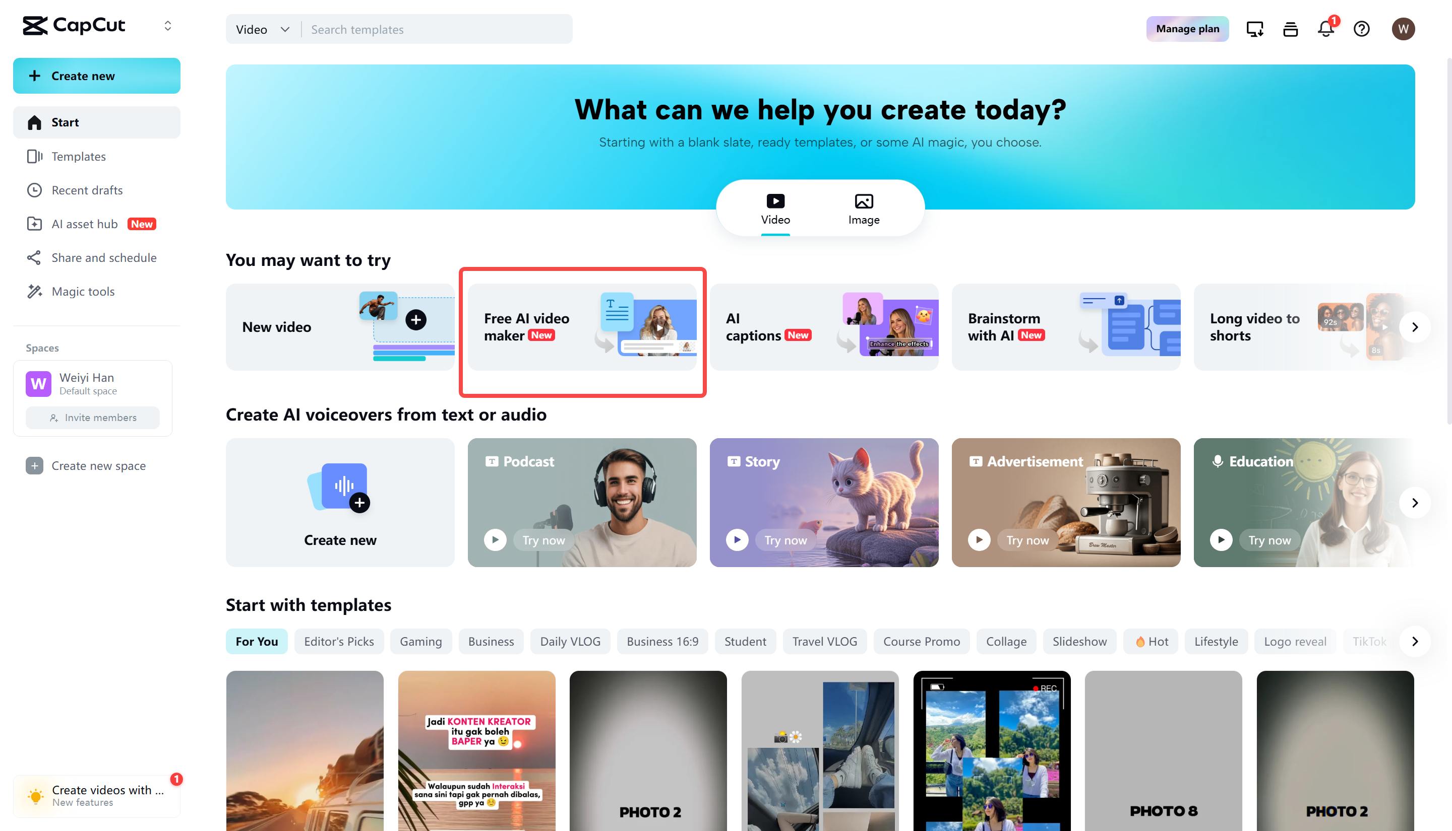 Access the AI video maker tool in the CapCut online video editor