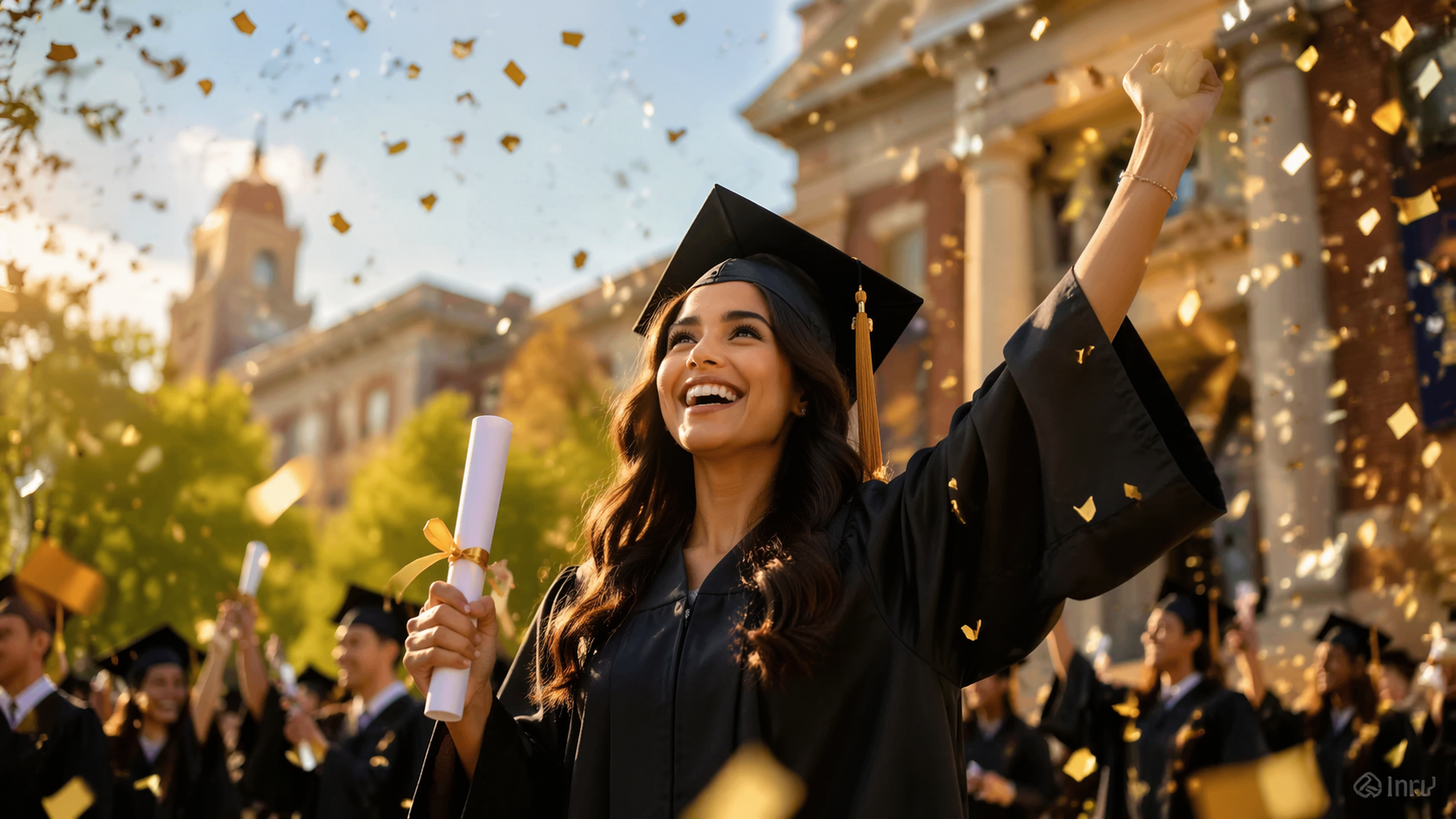 Dreamina Gemini AI Graduation Prompt prompt example 1: Cap And Gown Campus Portrait