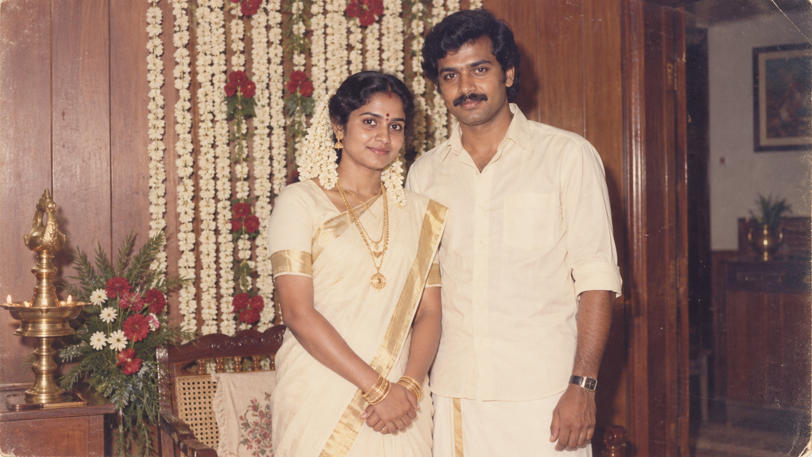 1980년대 Kerala 웨딩 스타일링 with kasavu saree and mundu