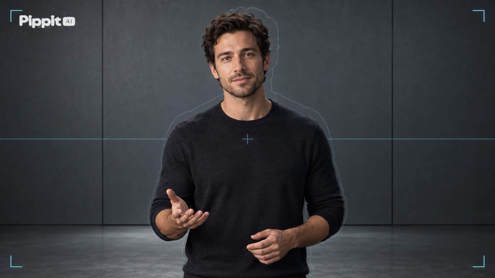 An adult presenter gestures inside a fixed widescreen view with stable corner marks, wall seams, horizon, and subject scale.