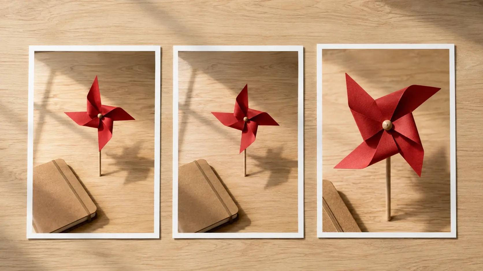 Three printed pinwheel frames showing a fixed composition then one subject change then a tighter crop