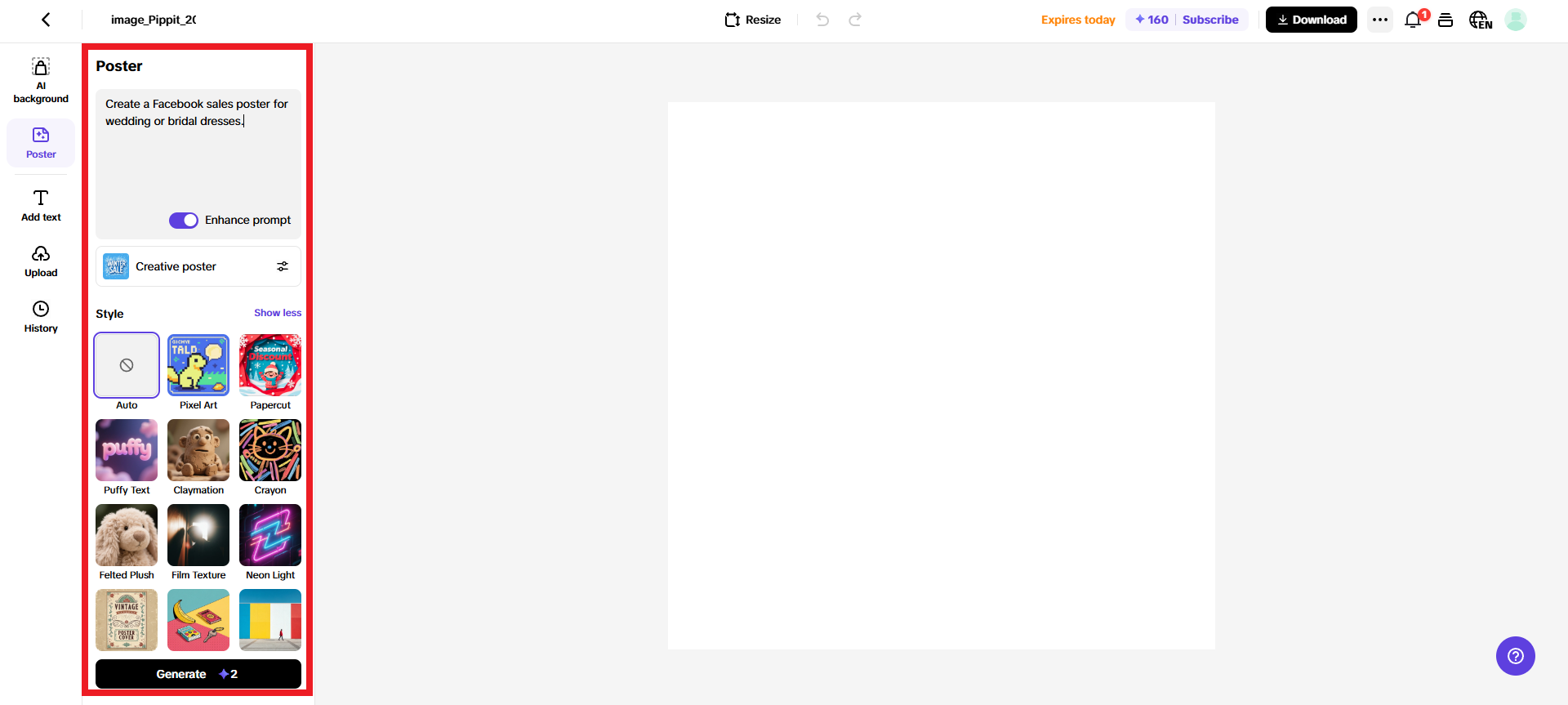 Ilagay ang iyong poster prompt at piliin ang uri/estilo ng iyong poster