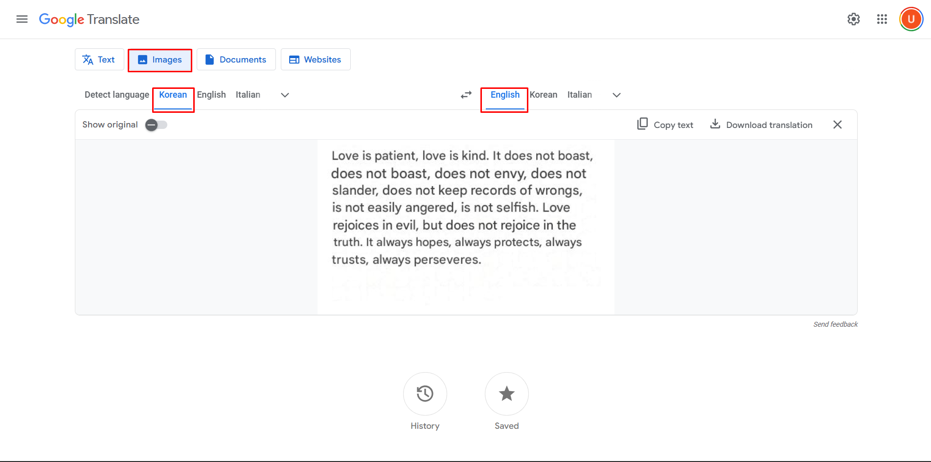 Converting a Korean image to English with Google Translate