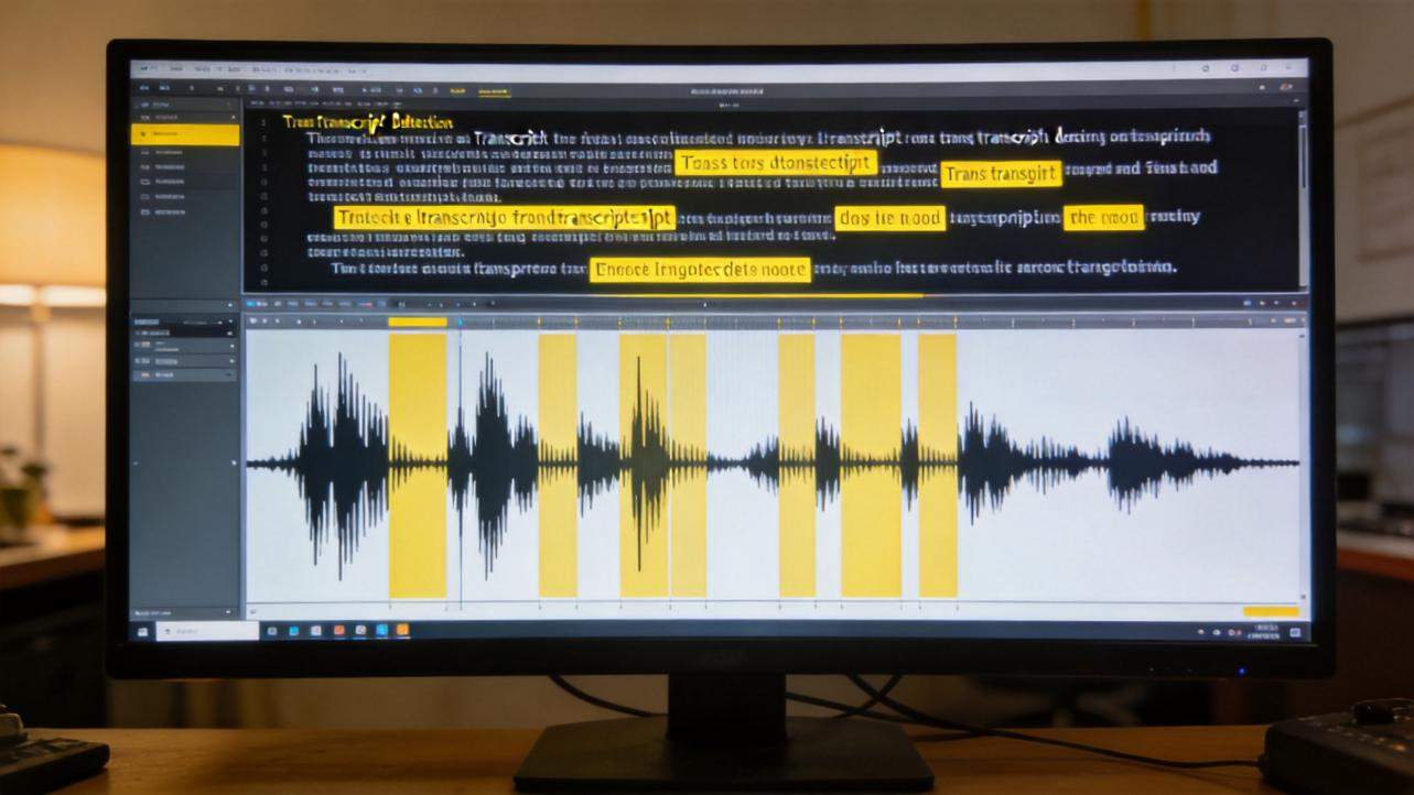 Audio editing software with a waveform and yellow highlighted sections marking filler words