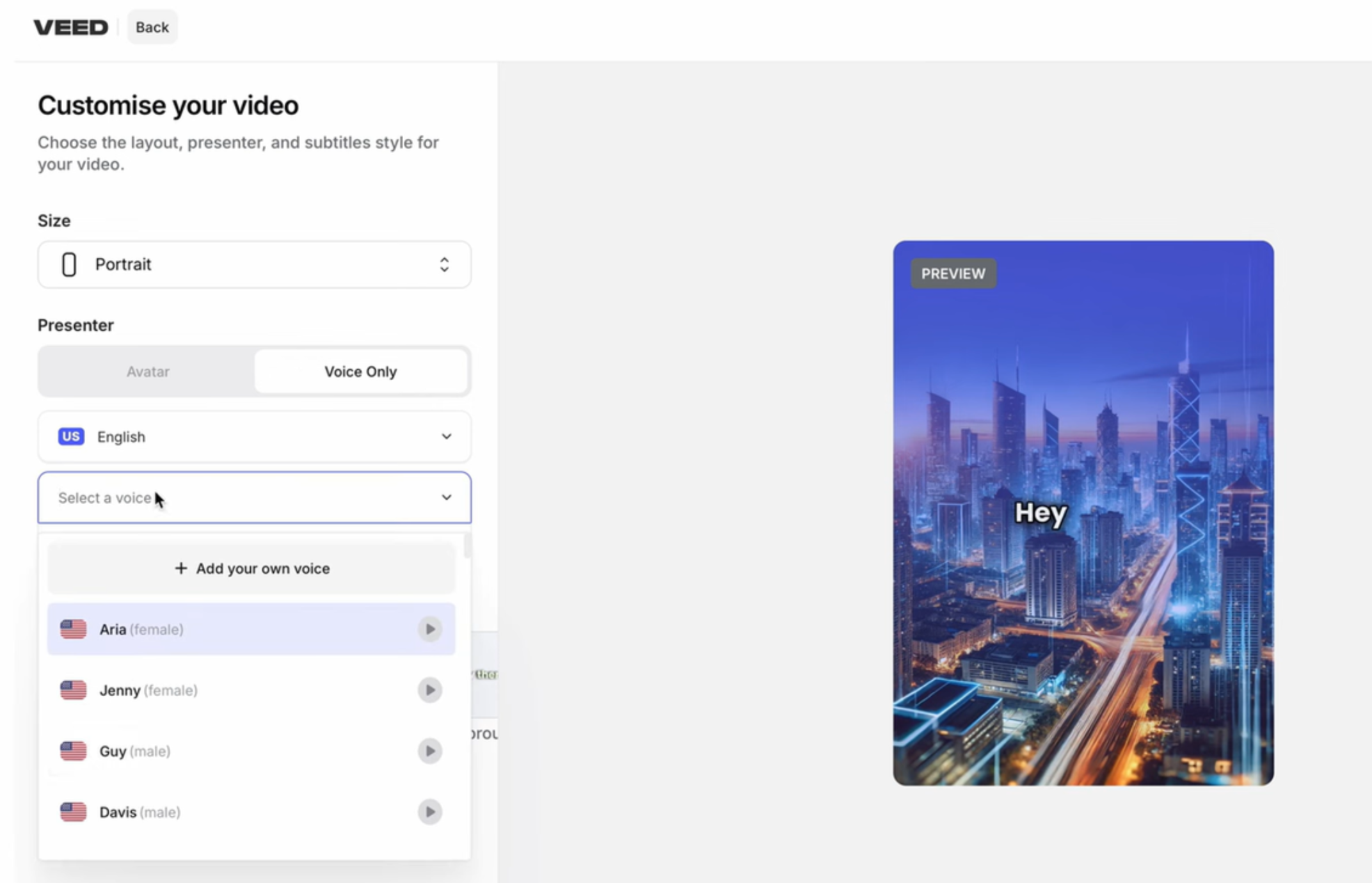 Interface of Veed.io - an easy to use video generator from text prompt