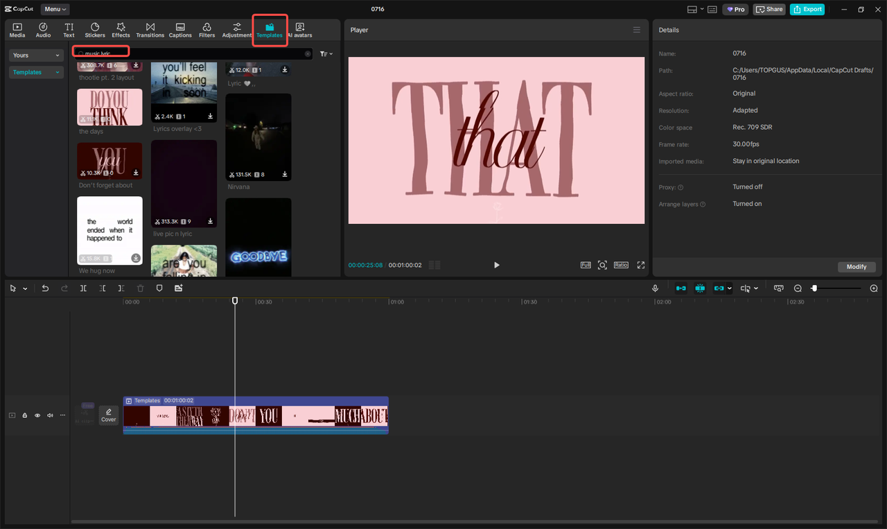 Choose a lyric video template in CapCut